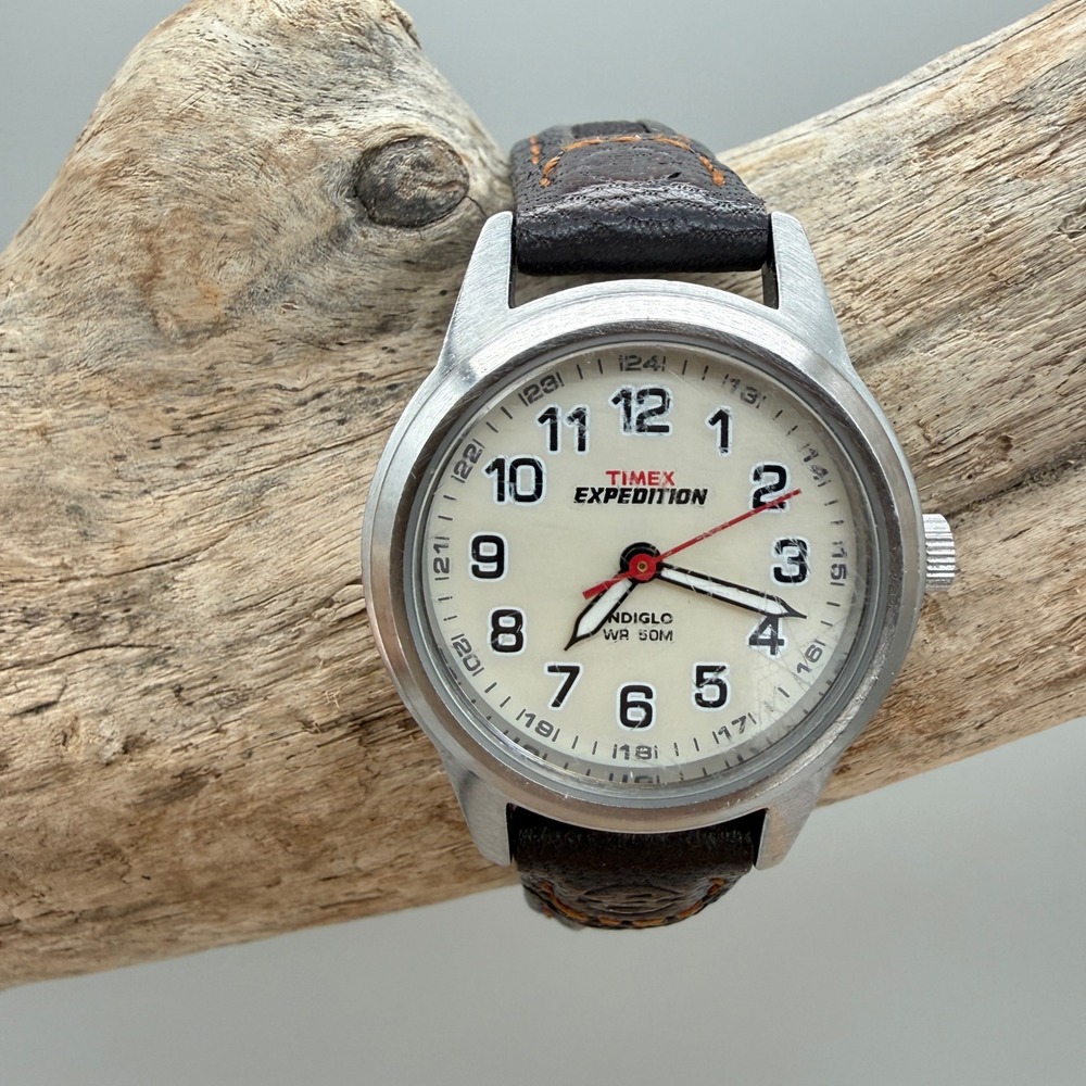 Vintage Timex Expedition Indiglo Watch Brown Leather Strap WR 50M Vintage Timex